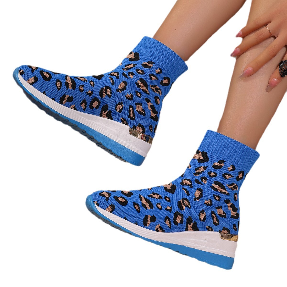 Random Print Ankle Sock 2024 New Winter Women Boots Wedges Shoes Casual Fashion Sexy Chaussures Femme 14aa