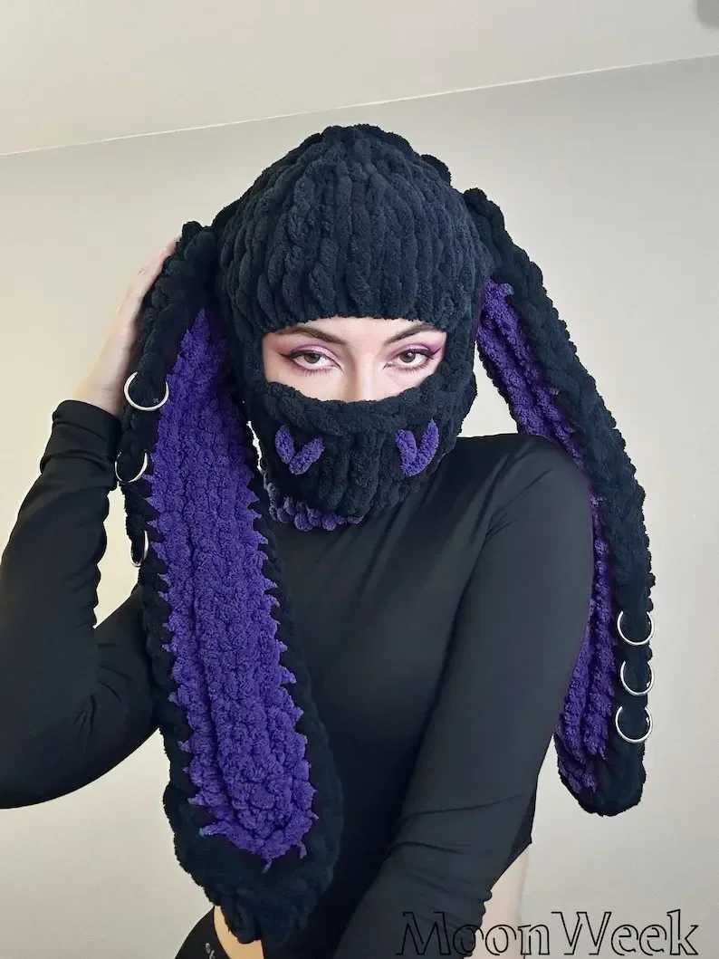 Beanie/Skull Caps Halloween Fun Rabbit Ears Creative Knitted Hat Bear Warm Full Face Cover Ski Mask Hat Windproof Balaclava Hat Outdoor Sports T240904