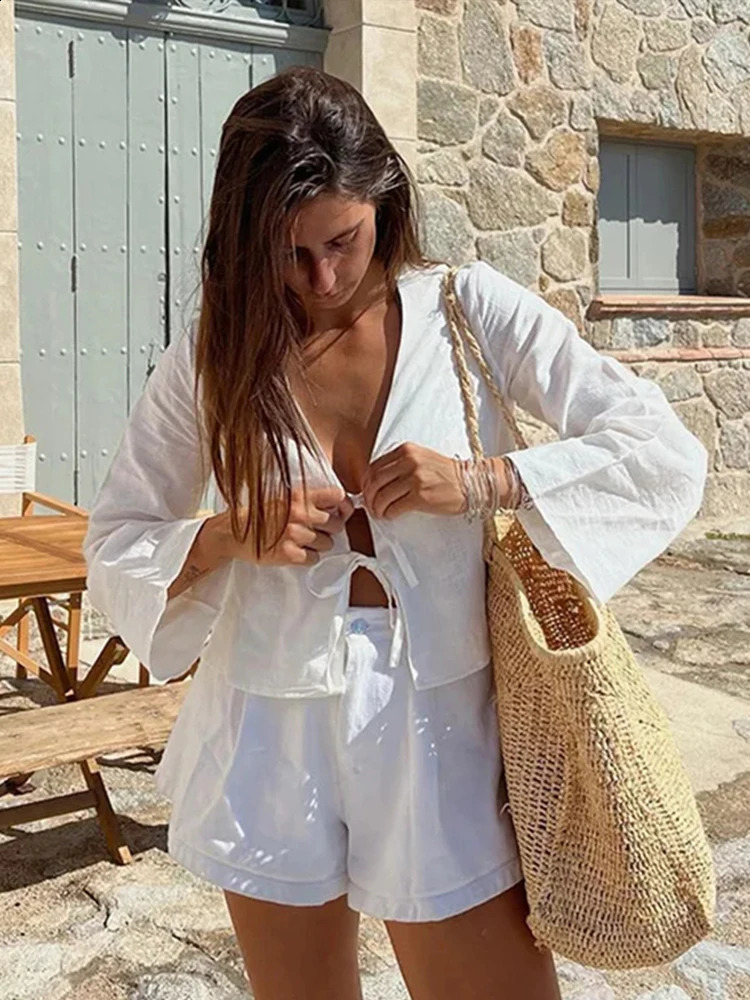 Lace cotton linen bow womens casual dress deep Vneck hollow spring and summer loose long sleeved top 240814