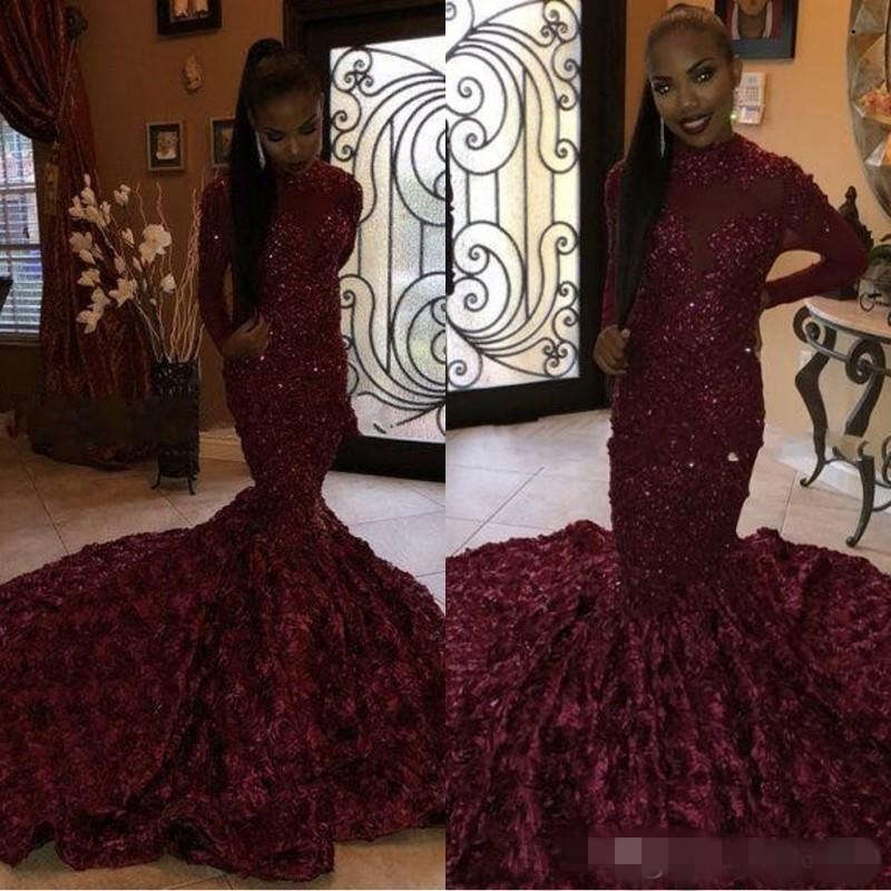 Prom Bury Dresses Long Sleeves High Neck Sequins Lace Applique Sweep Train Flowers Custom Made Black Girl Evening Gown