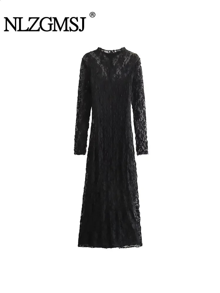 TRAF 2024 Womens High Neck Lace Midi Dress Retro Ultra Thin Long Dress Womens Sexy Strap Evening Dress 240904