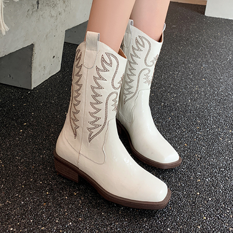 Embroidered Women Western Ankle Vintage Square Head Thick Heel Fashion Booties Autumn Winter New Mid-Calf Ladies Boots c687