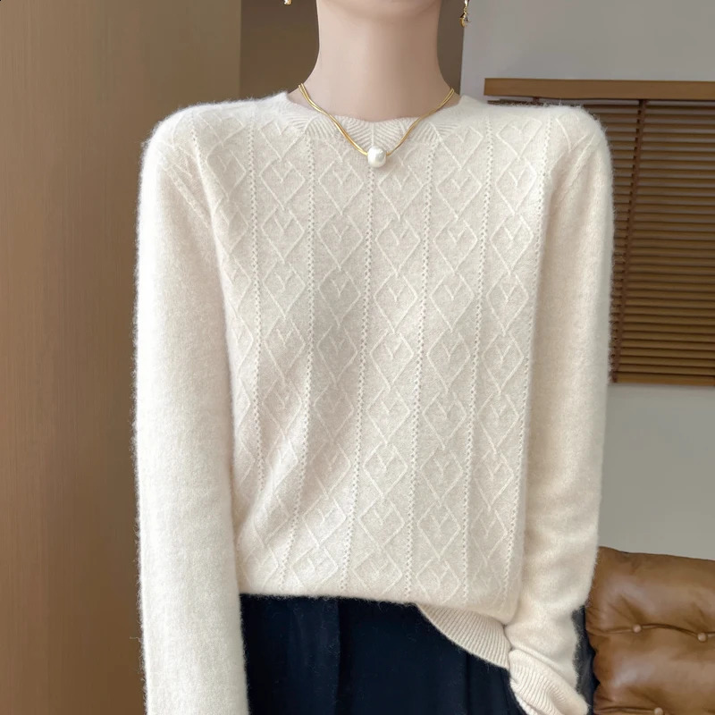 FallWinter Womens Sweater 100% Pure Wool Lotus Collar Solid Color Loose Knitted Cashmere Pullover 240904