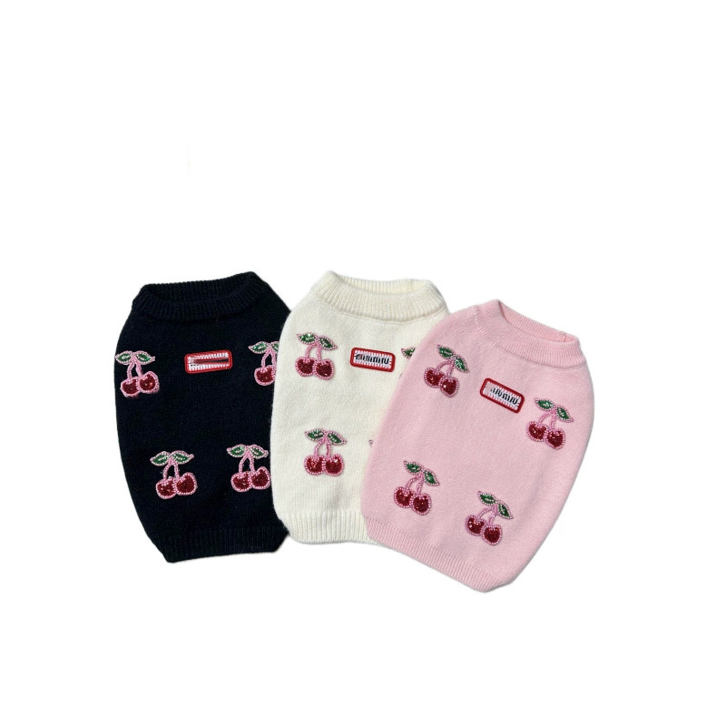 2025 new Designer Pet 3D Pink Cherry embroidered lettering Cat knit sweater Schnauzer West Highland White Dog Clothes Free shipping
