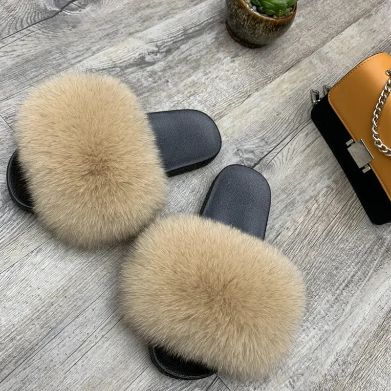 Fur slider womens coat summer womens casual fur fluffy home flat slider fashionable womens outdoor shoes 240903
