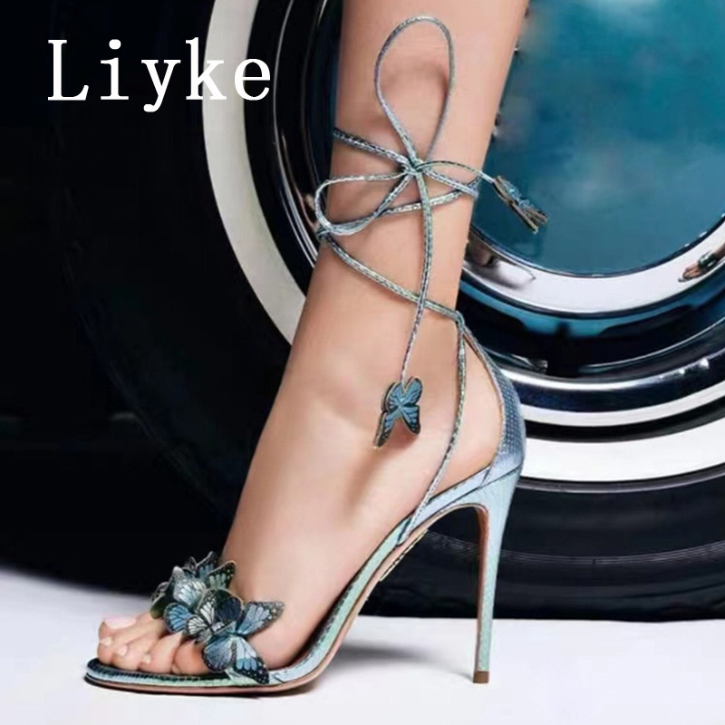 Liyke Summer Gladiator Women Sexy 8CM 10CM Sandals Fashion Butterfly Ankle Strap High Heels Ladies Open Toe Party Dress Shoes