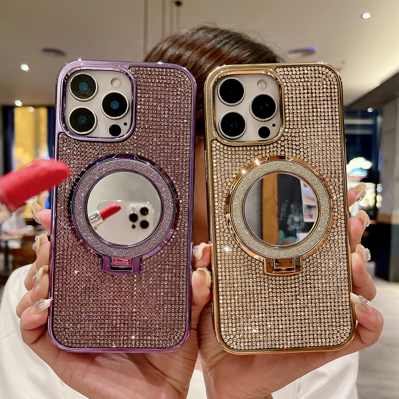 Luxury Bling Glitter Plating Full Diamond Magnetic For Magsafe Grip Make Up Mirror Hide Bracket Ring Stand Shockproof Case for iPhone 12 13 14 15 16 P