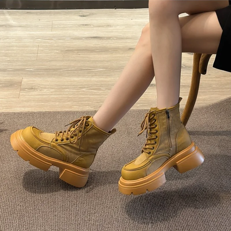 Heel Shoes Flat Boots Women New 2024 Round Toe Lace Up Rock Med Lolita Ladies Ankle Summer Basic Canvas Cross-tied PVC Lace-Up S 7fe6 -