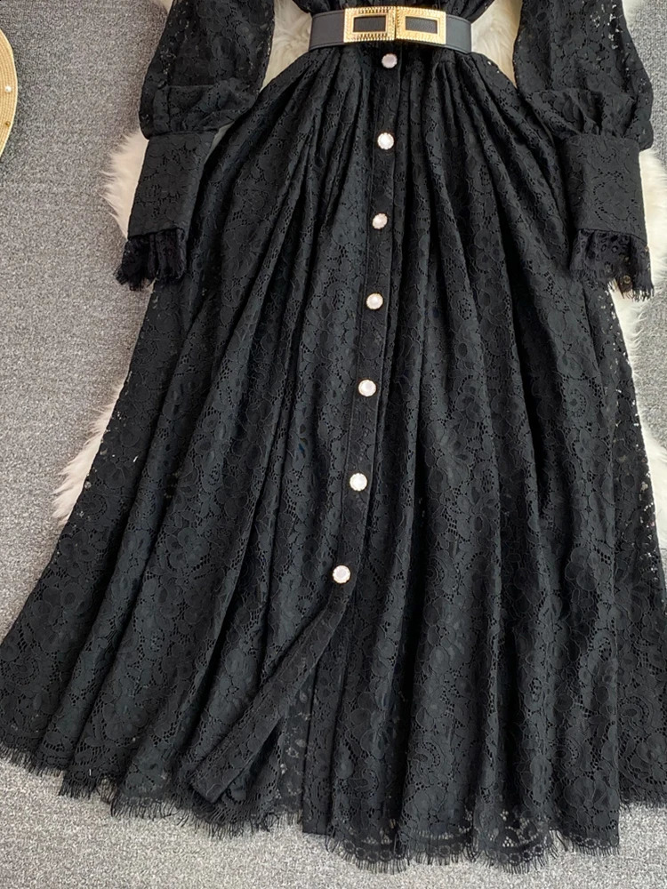 FTLZZ Autumn and Winter Elegant Womens Collar Fluffy Sleeve Button Dress Office Womens Midi Dress Lace Mesh Black Dress 240904