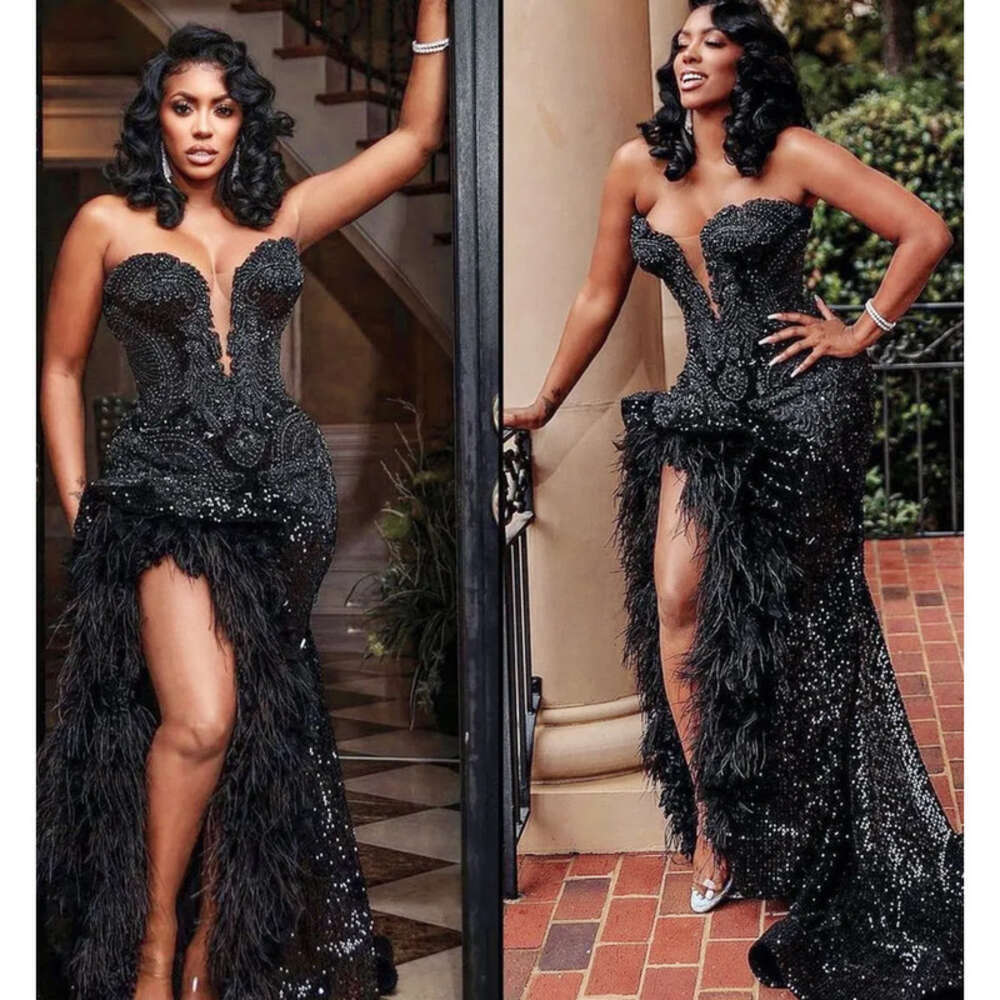 Ebi Beaded Aso Arabic Crystals Prom Dress Feather Sequined Lace Evening Formal Party Second Reception Birthday Engagement Gowns Dresses Robe De Soiree