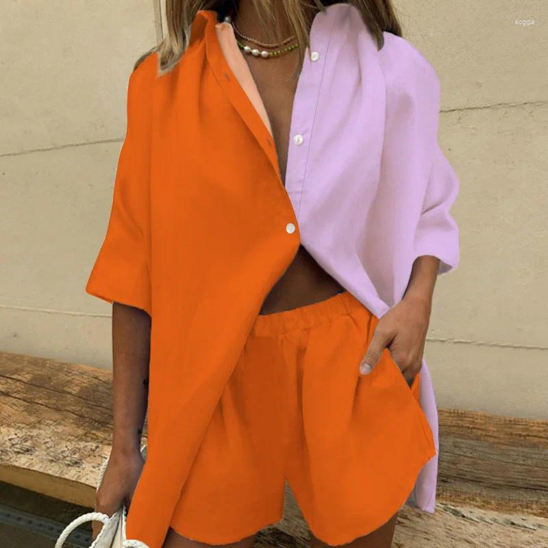 Womens Tracksuits 2024 Summer Camisa Informal Bohemia Para Vacaciones En La Playa Conjuntos De 2 Piezas Mujer Traje Holgado Con Estampado