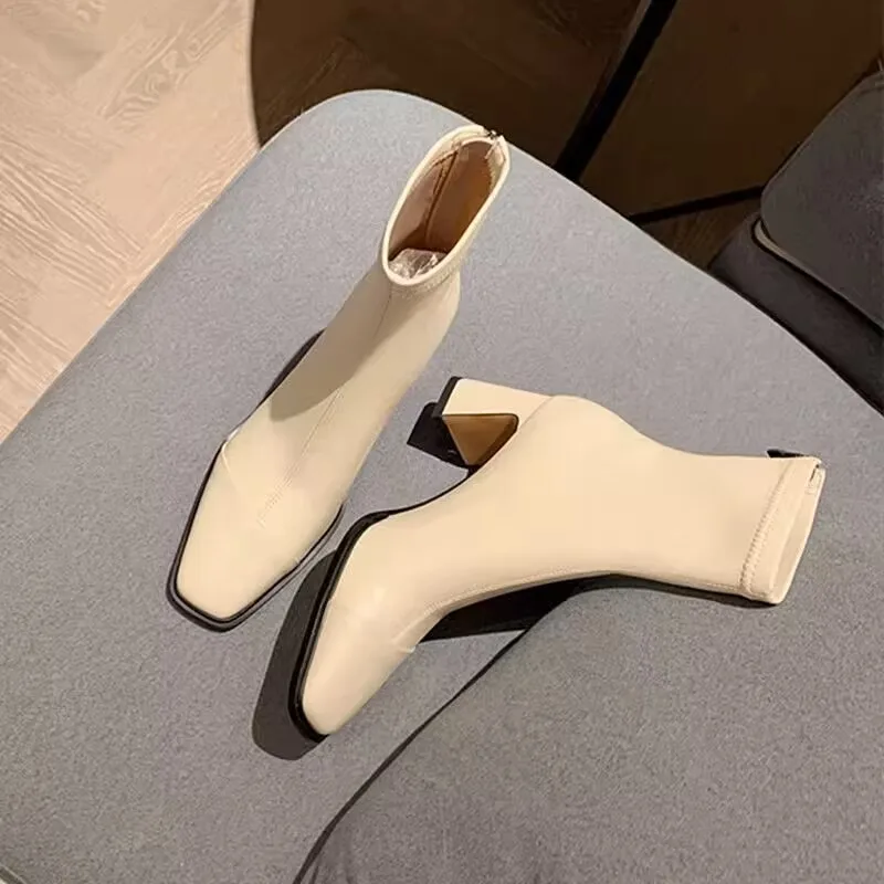 Ankle Boot New Women Winter 2024 Black Sexy Square Head Low Heel Shoes Footwear Zip Comfy Short Boots White Stretch Tight Boots