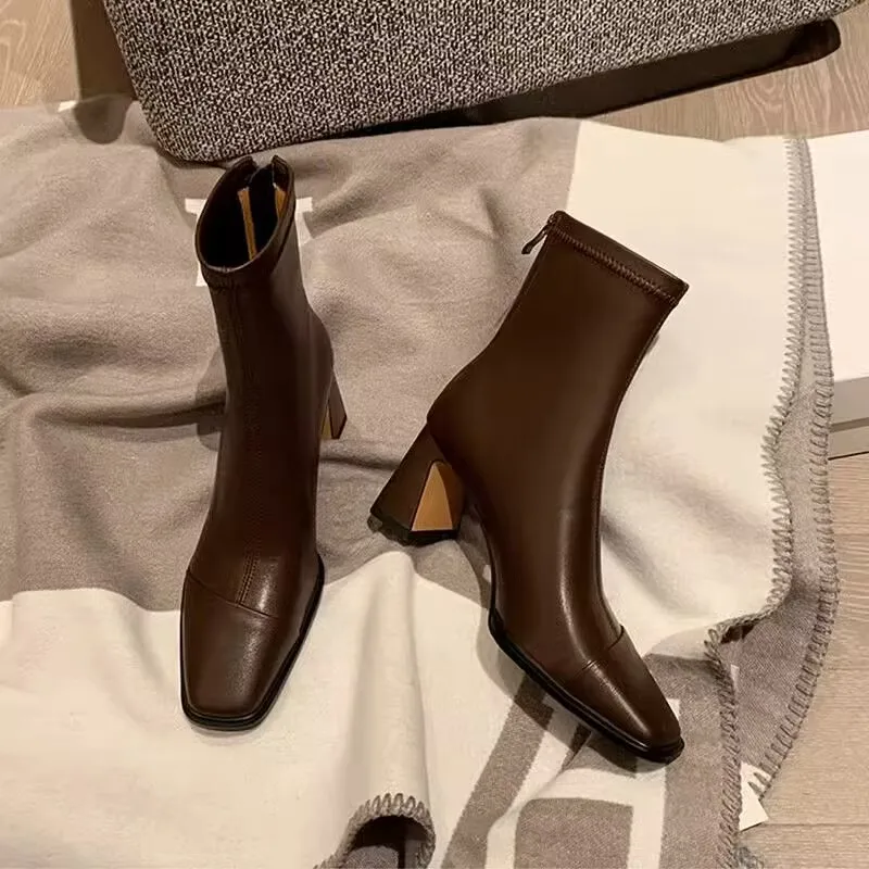 Ankle Boot New Women Winter 2024 Black Sexy Square Head Low Heel Shoes Footwear Zip Comfy Short Boots White Stretch Tight Boots