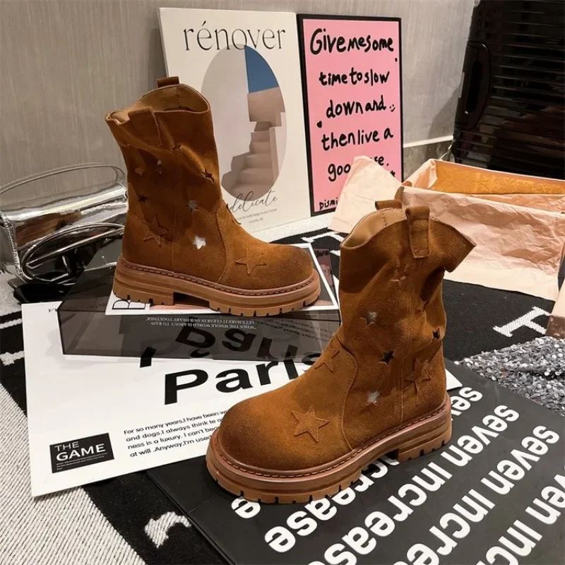 Boots Cowboy Women Shoes Mid Calf Western New Rock Comfortable and Elegant Barefoot Hollow Out Engrave Retro Chunky Hot Designer 1e9a