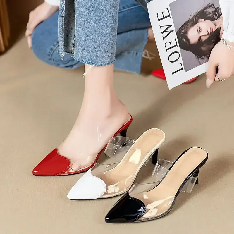 Pointed Toe SlippersHigh Heeled Summer ShoesTransparent PVC SlidesOutside WearingSlip on Women Sandals