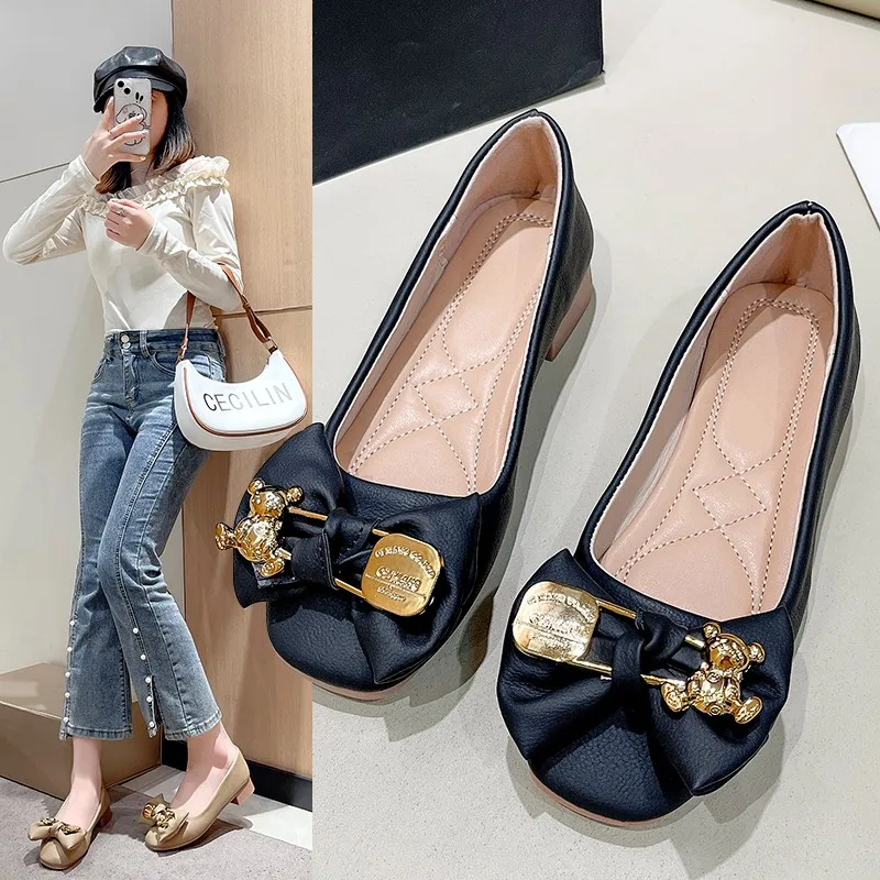 Sweet Butterfly-knot Design Women Flats Solid Color Leather Woman Shoes Ladies Soft Sole Square Toe Slip-on Casual Shoe