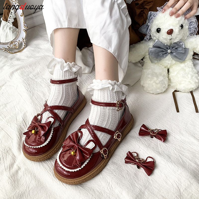 sweet lolita Red black bow Haruku cute JK cosplay women korean kawaii round head mary janes shoes