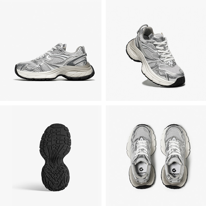 BEAUTODAY Chunky Sneakers Women Mesh Silver Lace-up Round Toe Breathable Running Sport Shoes Female HW29A09