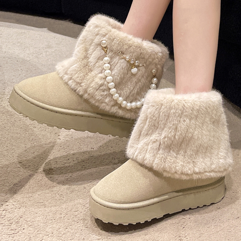 New Winter String Bead Plush Women's Warm Stylish Thick Platform Slip On Boots Faux Fur Plus Size 43 Ankle Botas Shoes 8d38