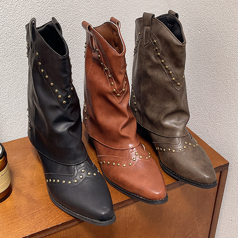 Riveted Women Decor Retro Western Pointy Toe Slip On Fashion Mid-Calf Cowboy 2024 New Knight Thick Heel Short Boots 91e7