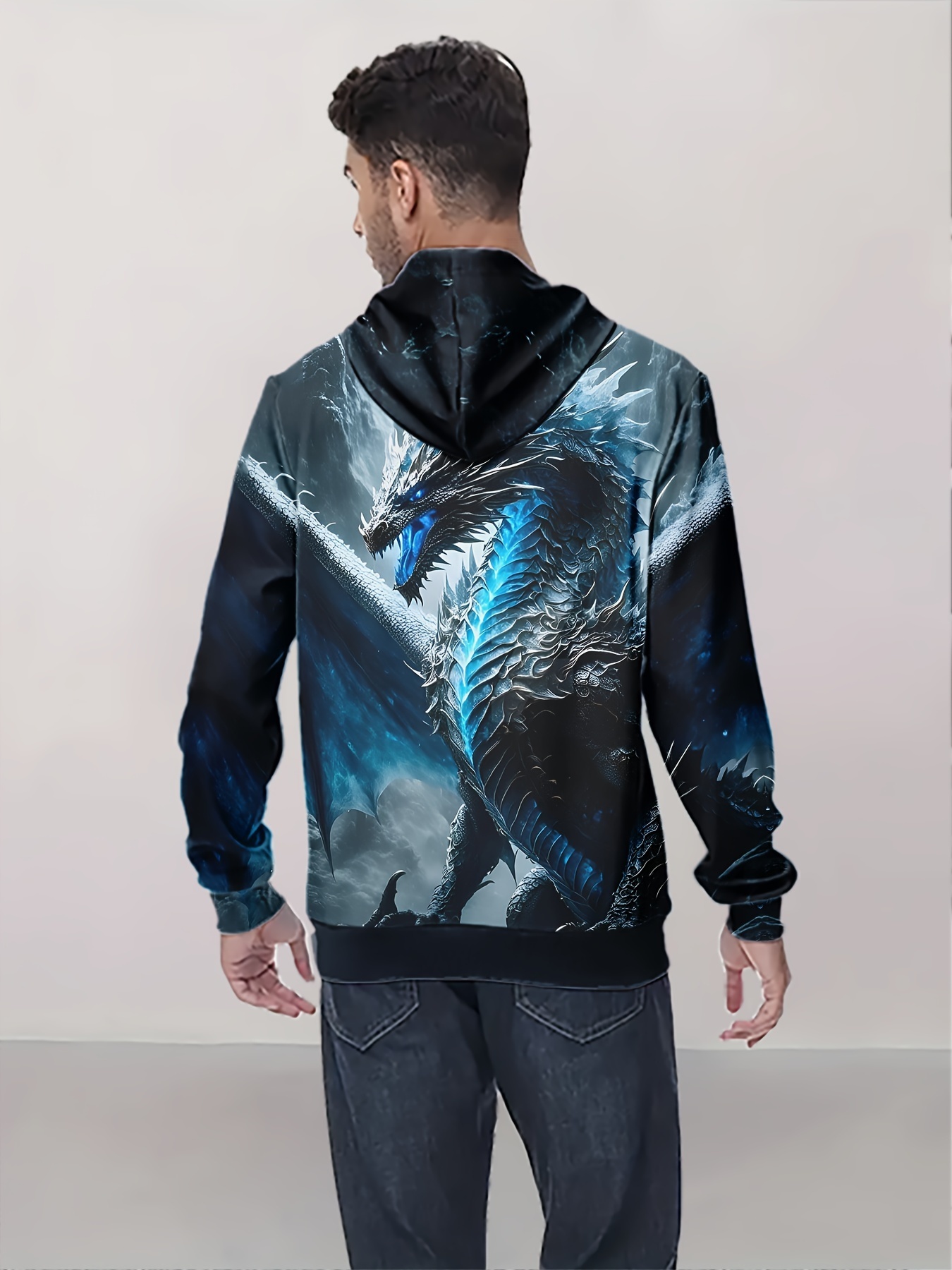 Men's Dragon Graphic Print Hoodie, Casual Long Sleeve Hooded Sweatshirt For Outdoor
