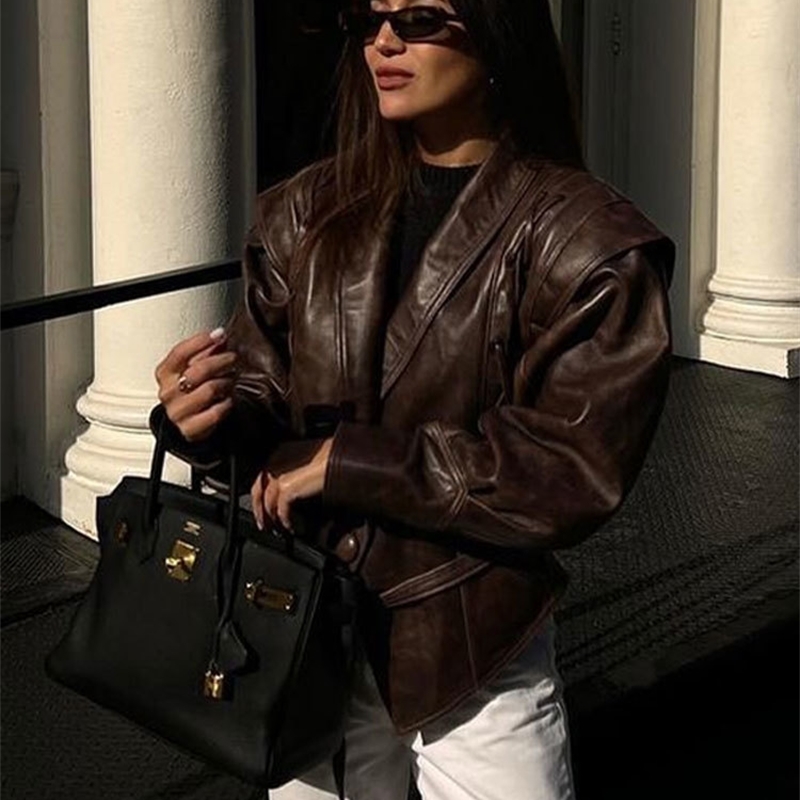 Vintage Pu Leather Laceup Short Jacket For Women Fashion Lapel Long Sleeves Irregular Coat 2024 Ladies Office Commute Outwear 240903