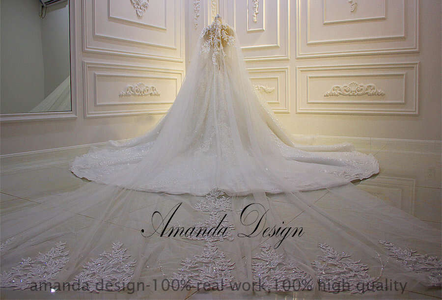 Amanda Design bestidos de novia Long Sleeve Lace Applique Patterns Stunning Ball Gown Wedding Dress