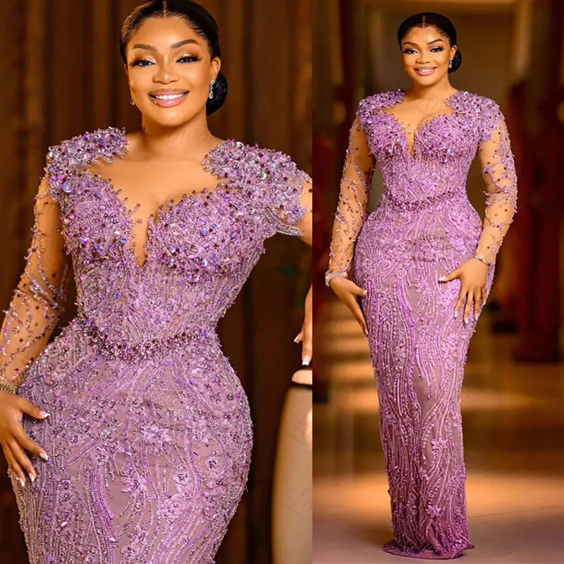 2024 Lanvender Plus Size Prom Dresses For Special Ocns Promdress Sheer Neck Long Sleeves Beaded Lace Birthday Party Dress Second Reception Gowns Am158