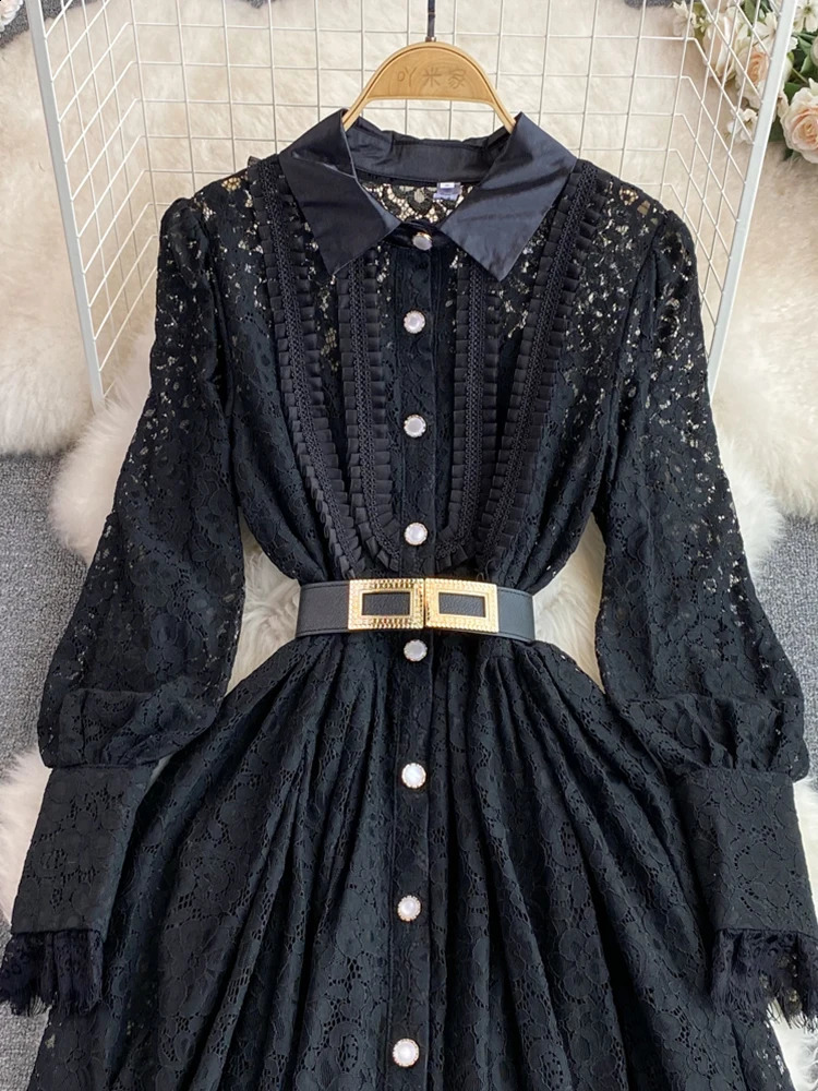 FTLZZ Autumn and Winter Elegant Womens Collar Fluffy Sleeve Button Dress Office Womens Midi Dress Lace Mesh Black Dress 240904