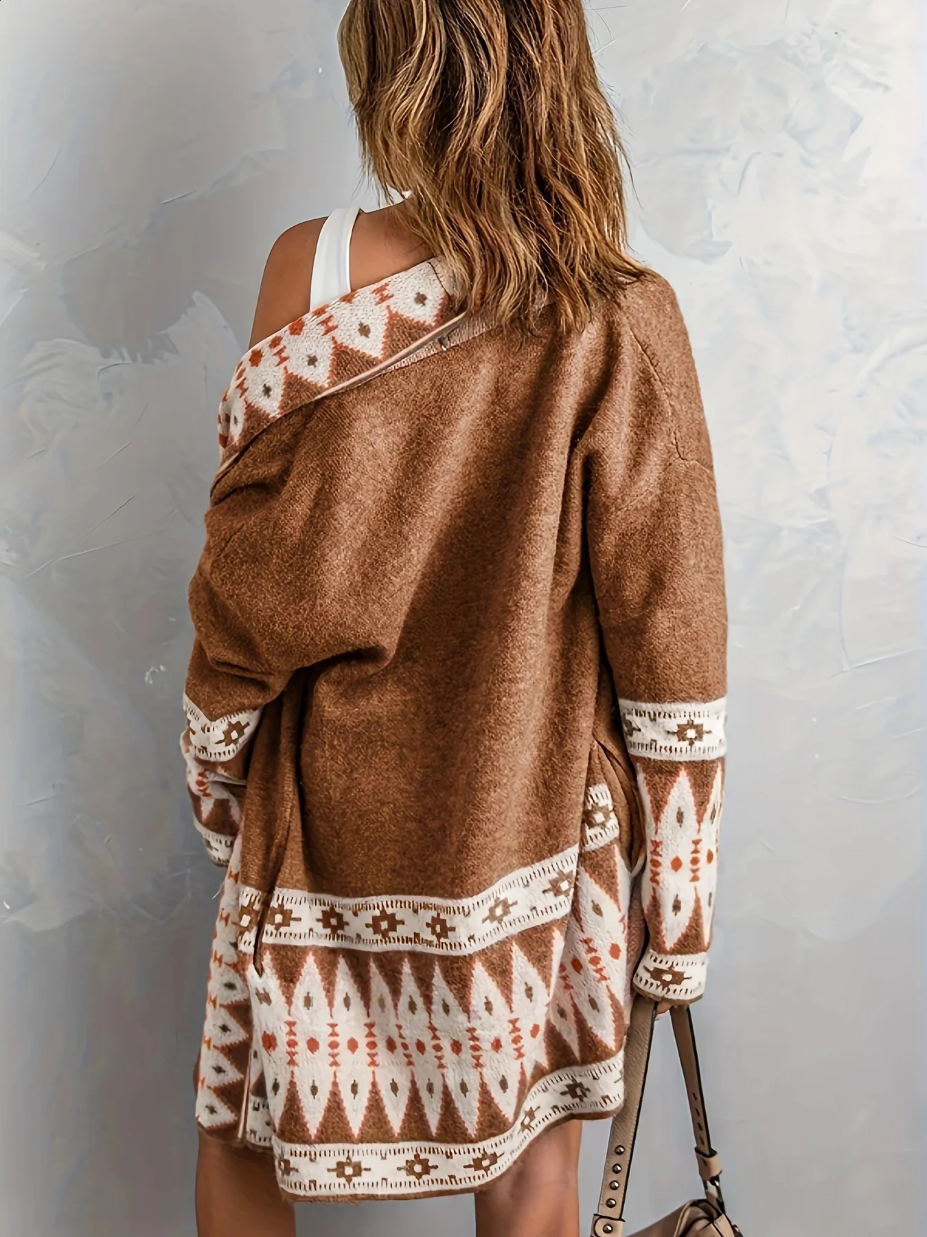 Cardigan Sweater for Women Boho Geometric Print Loose MidLength Knitted Jacket 240904