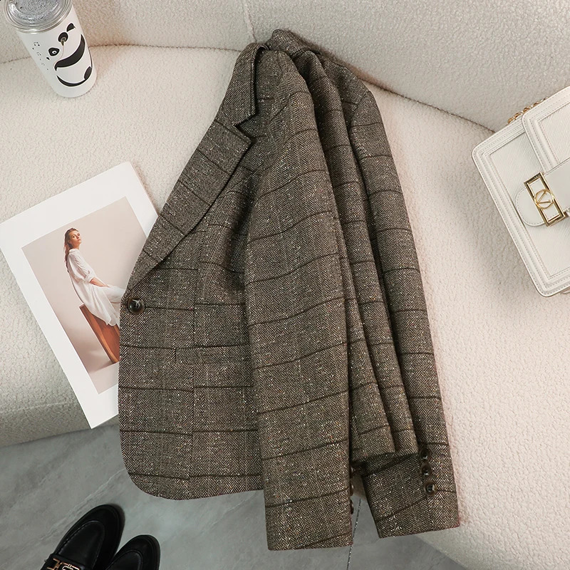 ZJYT Autumn Woolen Jackets for Women Winter Coats Long Sleeve Plaid Vintage Thick Outerwears Elegant Jaqueta Feminina 240830