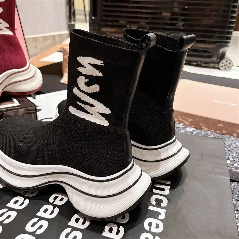 2025 Winter Chunky Heel Platform Stretch Boots Women Breathable Warm Ankle Boots for Women Light Non-slip Knitted Sock Boots