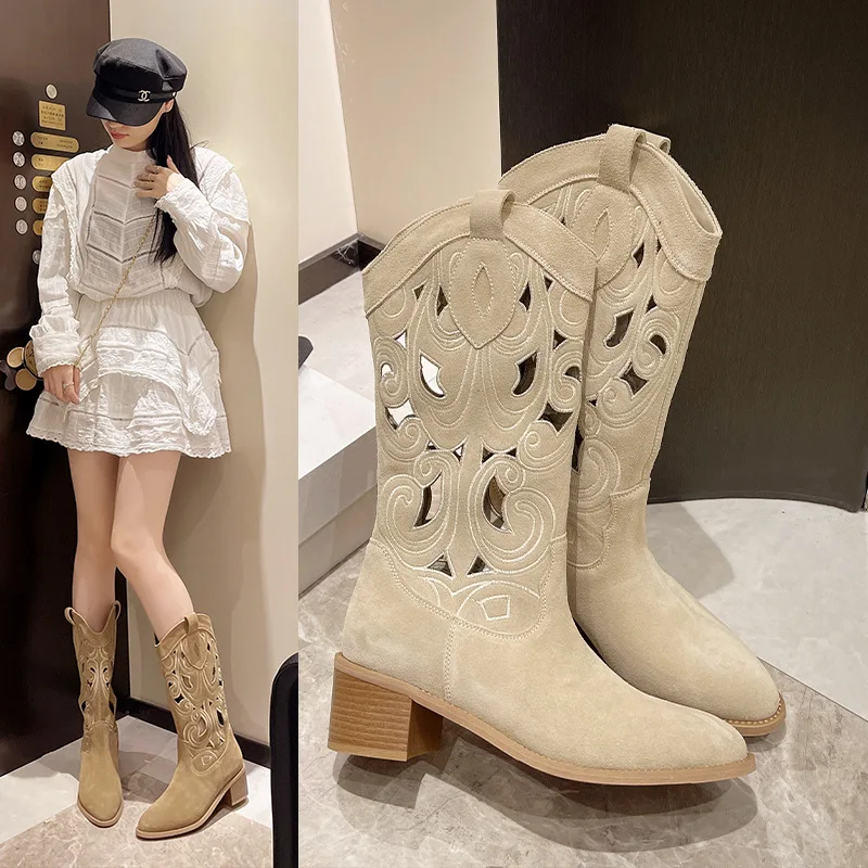 Hollow Out Women Designer Western Cowboy Female Autumn Mid Calf Botas Woman Chunky Heels Pointed Embroidered Knight Boots