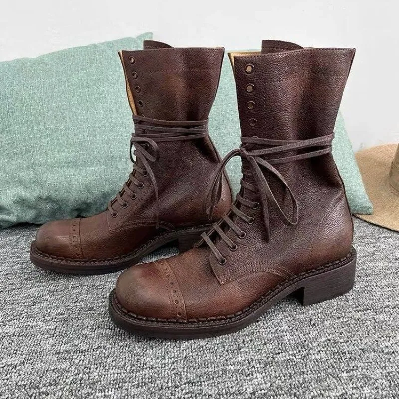Women's Ankle Boots Lace-up Girl Cowboy Motorcycle Trend New Rock Punk Fashion Low Heel Designer Shoes Round Toe Leather Boots