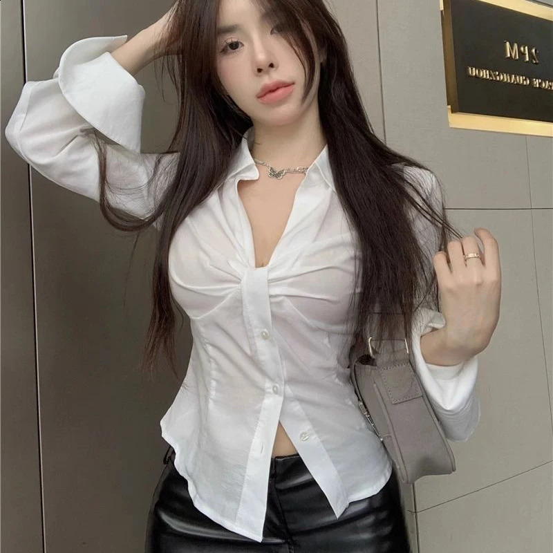 Womens elegant white shirt summer sexy Vneck pleated fashion crop top Korean streetwear long sleeved 240814