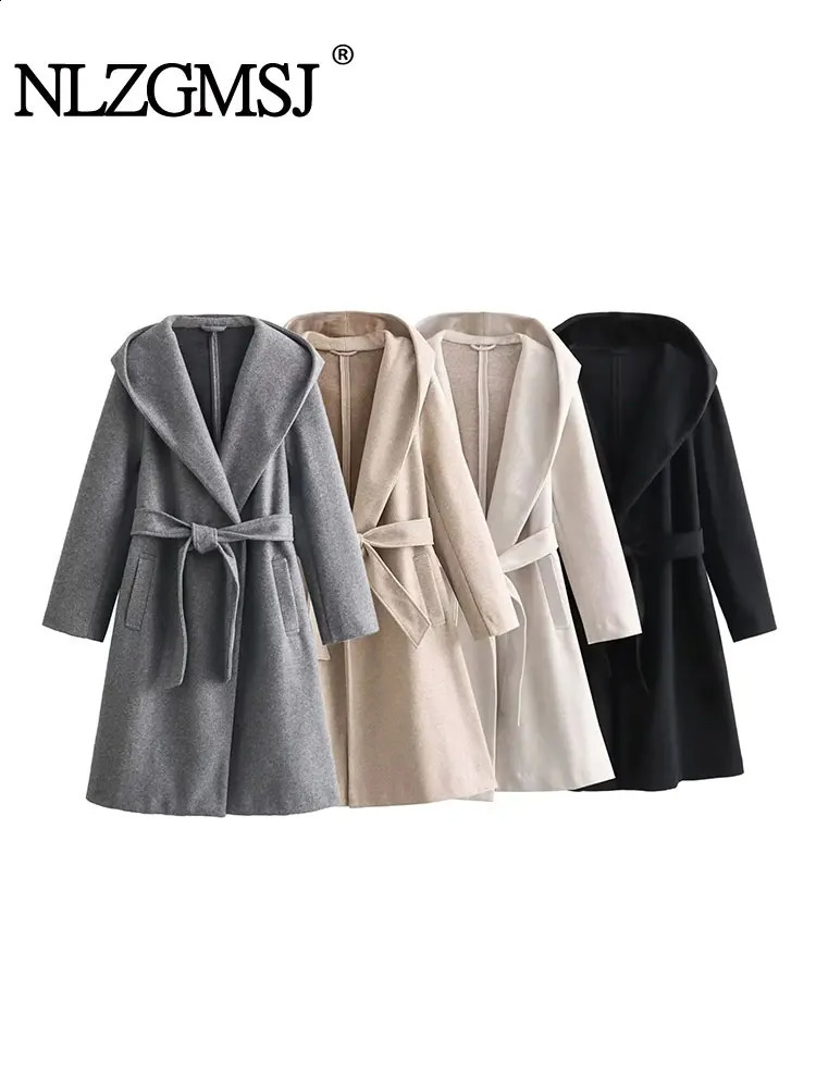 Nlzgmsj TRAF autumn winter wool coat beige solid double-layer breathable hooded coat casual womens fashionable top 240828