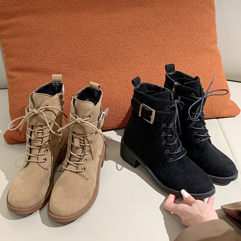 Women's 2024 Fashion Pointed Toe Women Belt Buckle Pullback Short Suede Low Heel Side Zipper Ankle Boots D320 699c