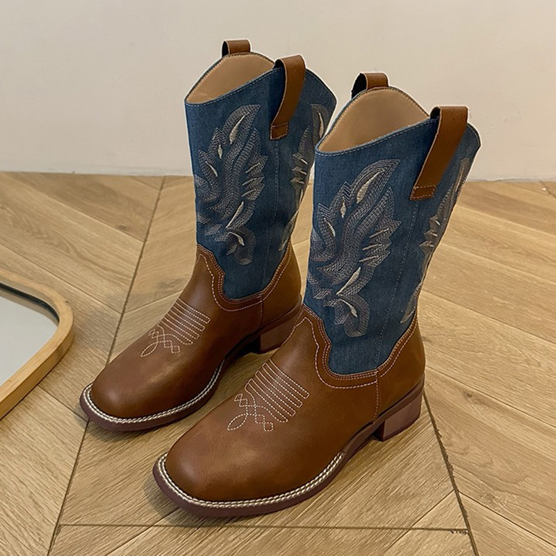 2024 Autumn Western Cowboy Women's Patchwork Mid Calf Chunky Heel Classics Embroidered Slip On Faux Leather Boots f8f1