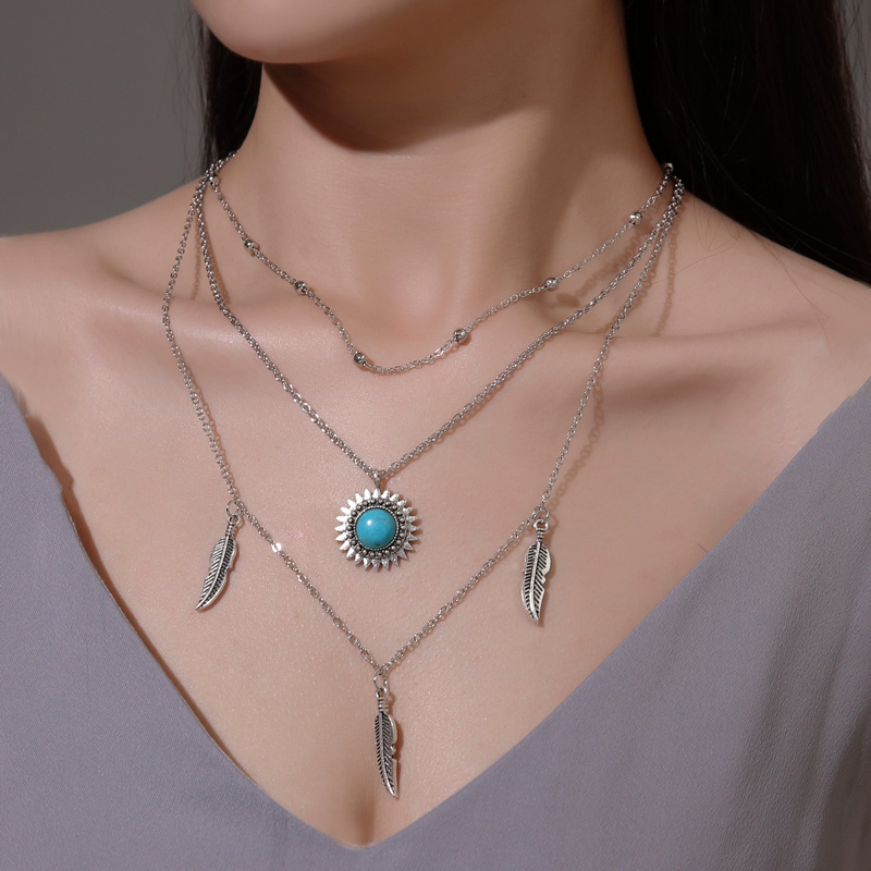 Bohemian Style Multi-Layer Turquoise Necklace with Vintage Sunflower Pendant