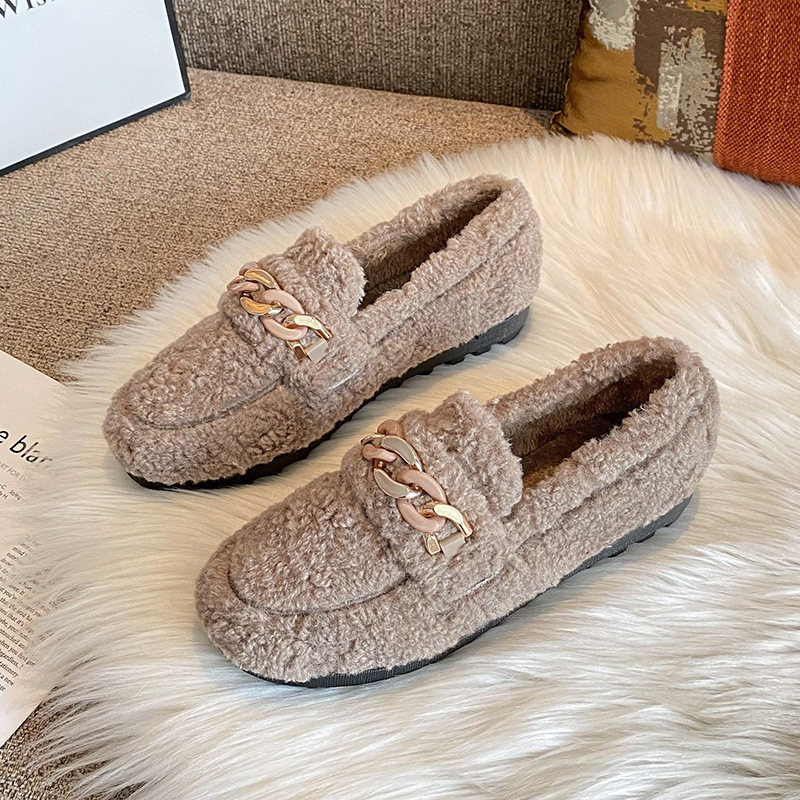 Designer Fur flats Lamb women metal chains platform fur moccasins ladies cozy plush cotton winter shoes furry loafers big size43