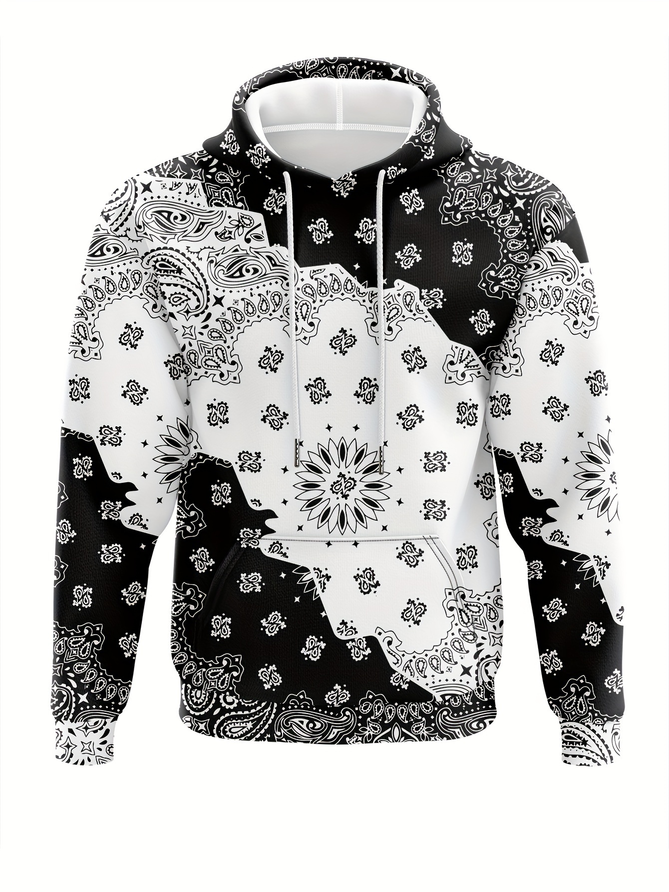 Men's Fashion Loose-Fit Paisley Graphic Print Hoodie - Soft Brushed Fleece, Kangaroo Pocket, Casual Long Sleeve Hooded Sweatshirt for Outdoor Act