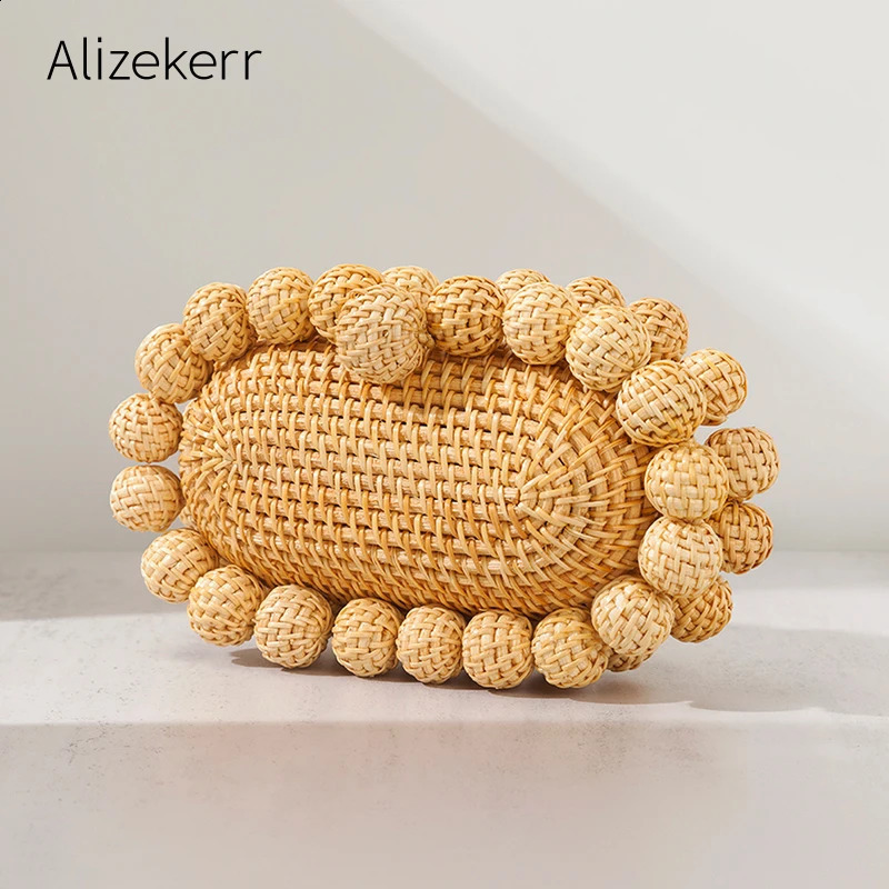 Alizekerr Beaded Beach Clutch Bags Women Boutique Elegant er Hand Woven Rattan Handbag Bohemian Summer Holiday 240903