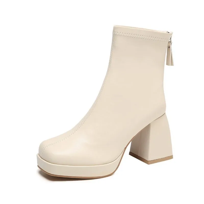 Short High Women Fashion Shoes Autumn Winter Chunky Heels Waterproof Square Toe Plus Size Ankle Boots 2024 f011