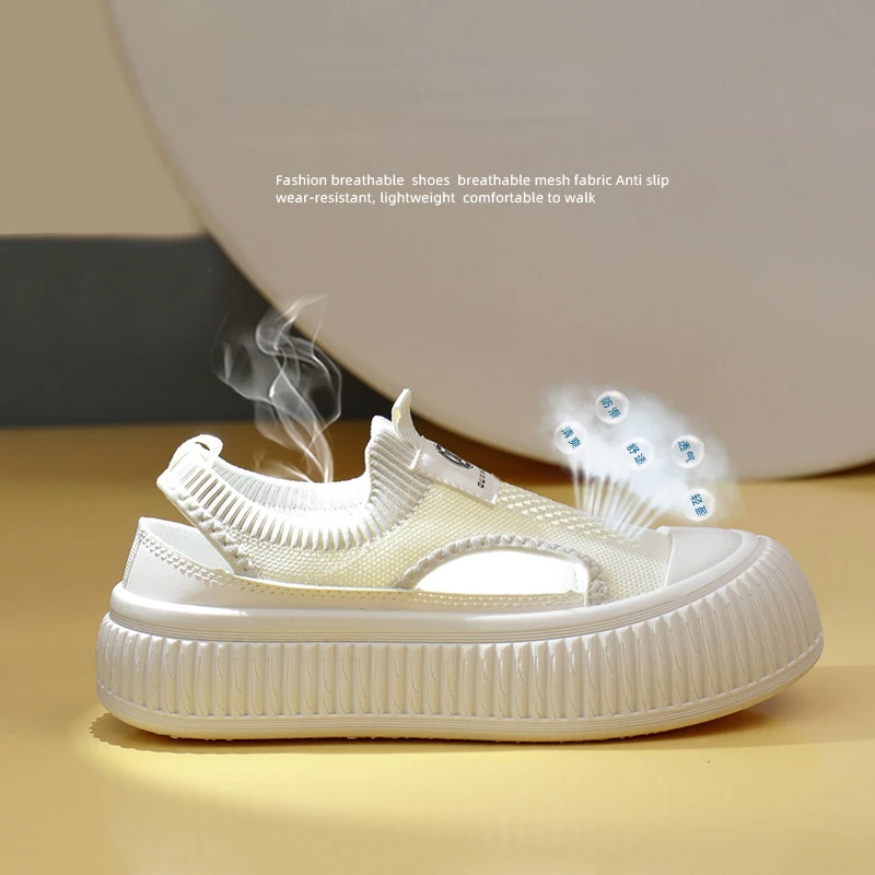 2025 NEW Korean New Mesh Hollow Out Breathable Flat White Casual Platform Knitted Shoes Sneakers atillas Mujer c