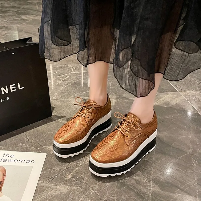 2024 Women Flats Shoes Spring Moccasin Fashion Creepers Shoes Lady Loafers Ladies Lace Up Platform Shoes Plus Size 35-43
