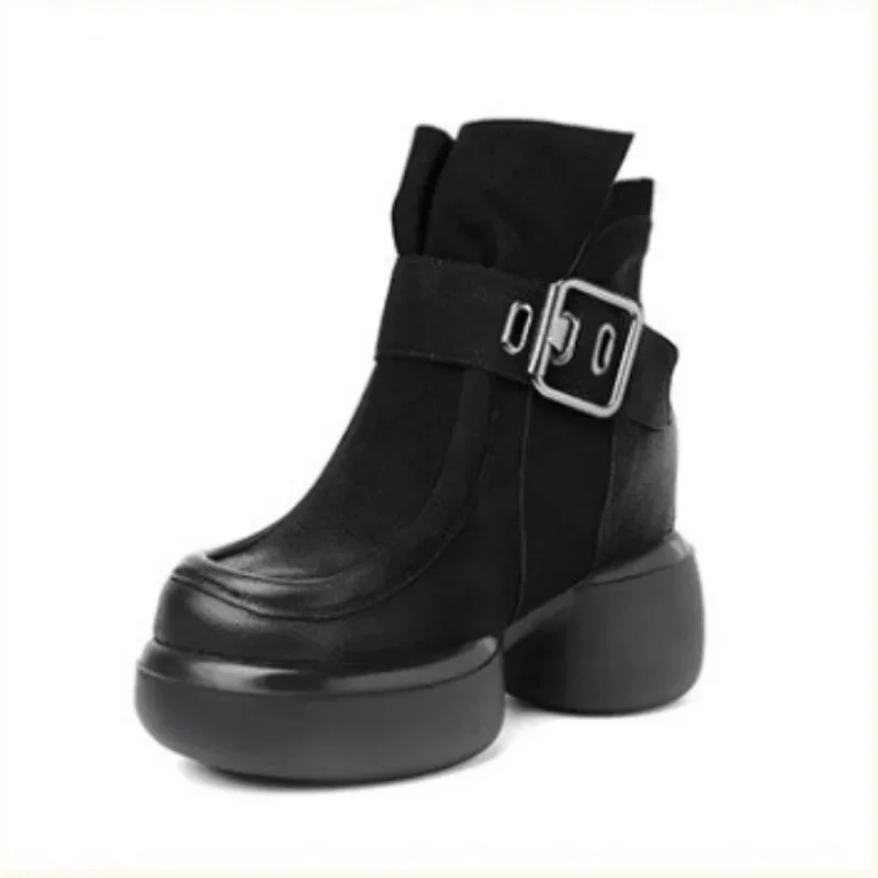 Brown 2024 Long Women Platform Elastic Soc British Wind Show Thin Metal Buckle Ankle Boots 35-40 3806