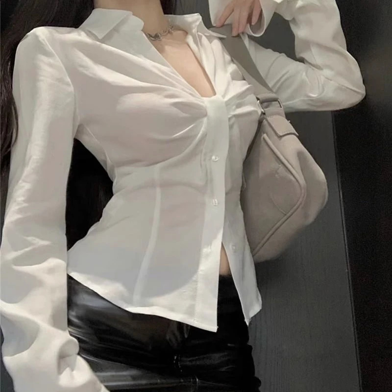 Womens elegant white shirt summer sexy Vneck pleated fashion crop top Korean streetwear long sleeved 240814
