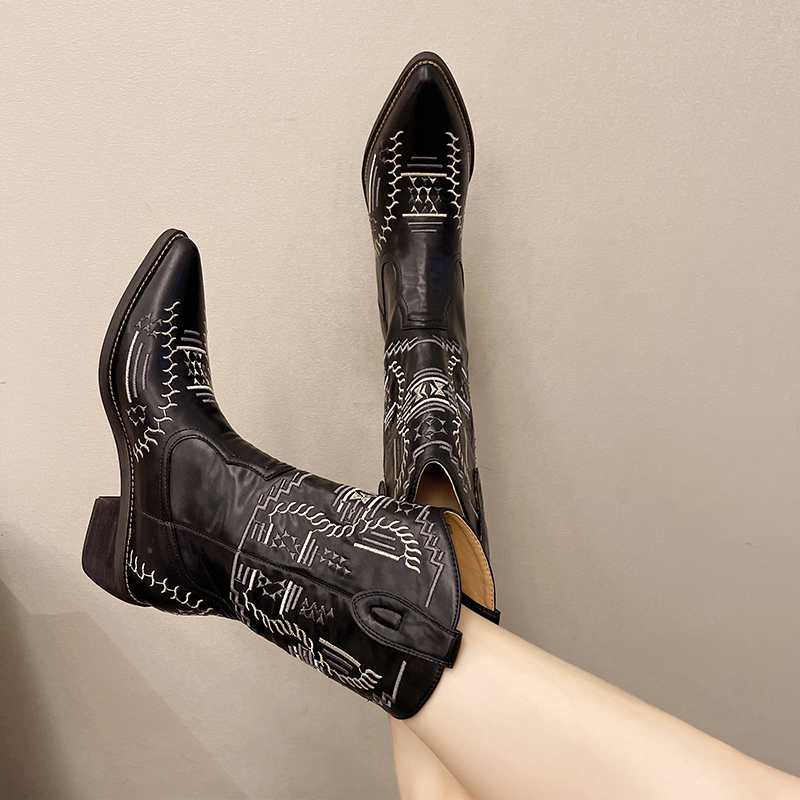 Autumn Retro Winter White Mid Calf Boots Women Comfy Walking Female Western Cowboy Boot Women's Shoes 6aed 's