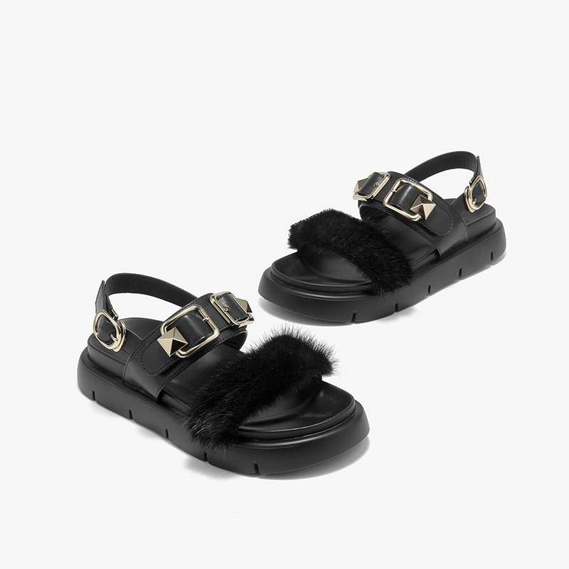 2025 new Casual BEAUTODAY Sandals Women Mink Fur Solid Color Metal Decoration Buckle Rivet Flats Outdoor Footwear Female 34613 7327
