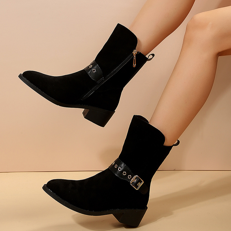 Fashion Belt Buckle Faux Suede Ankle Women Side Zip Block Heel Short Booties Mujer Pointed Toe Thick Heels Boots